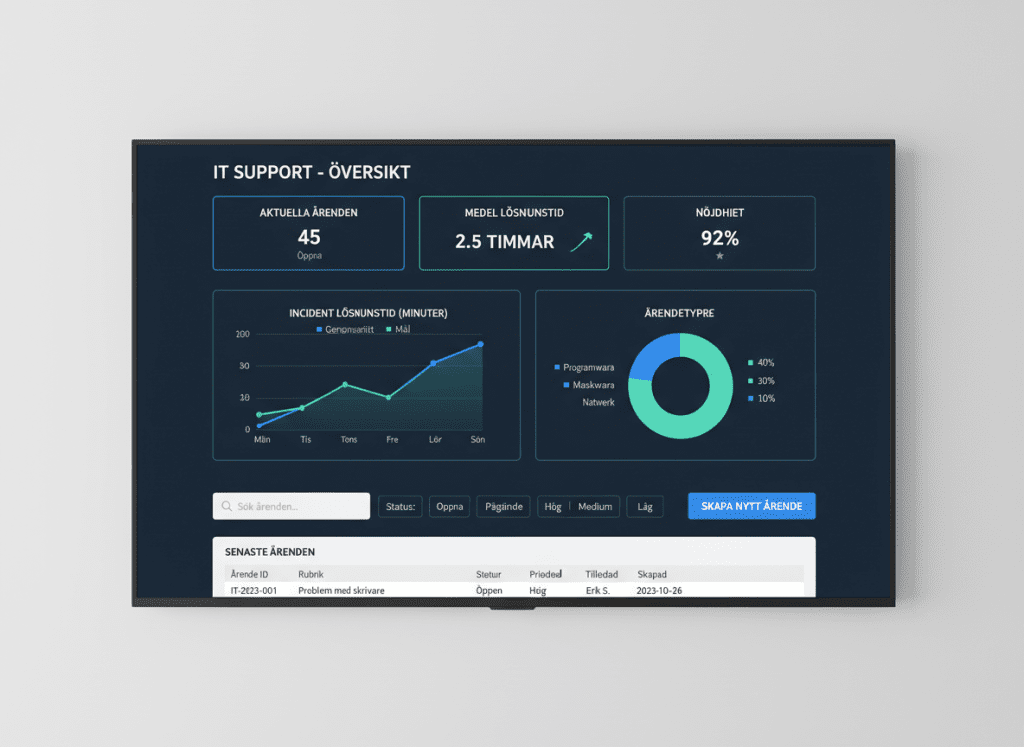 IT-support dashboard visar ärendehantering och uppföljning för beslutsfattare