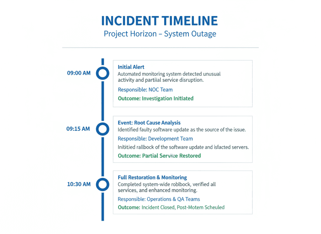 Incident timeline template showing key events and timestamps