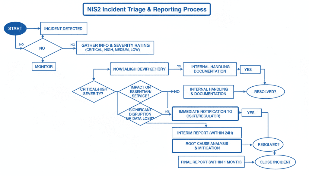 Incident triage workflow with NIS2 reporting decision points
