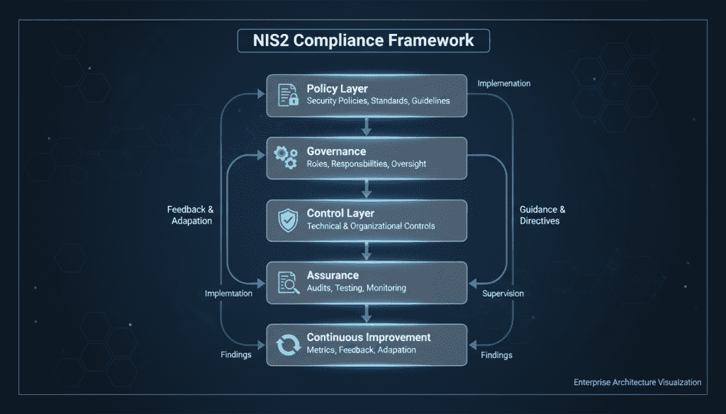 Layered NIS2 compliance framework showing policy, governance, control, and assurance layers