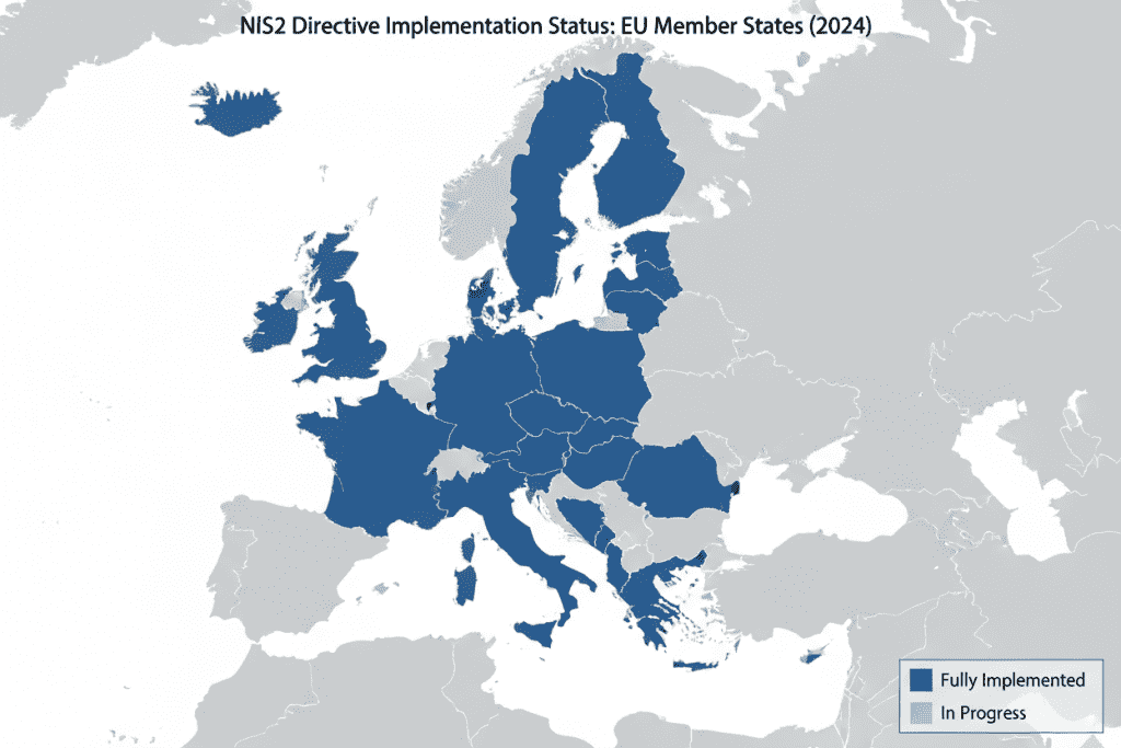 Map showing NIS2 implementation status across EU member states