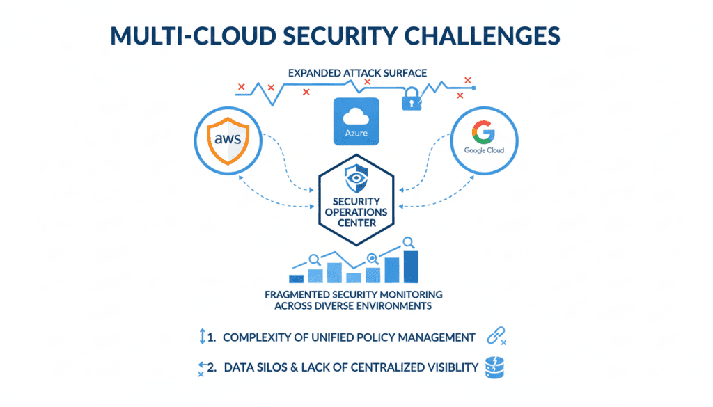 Multi-cloud security challenges diagram showing increased attack surface with cloud security provider selection considerations