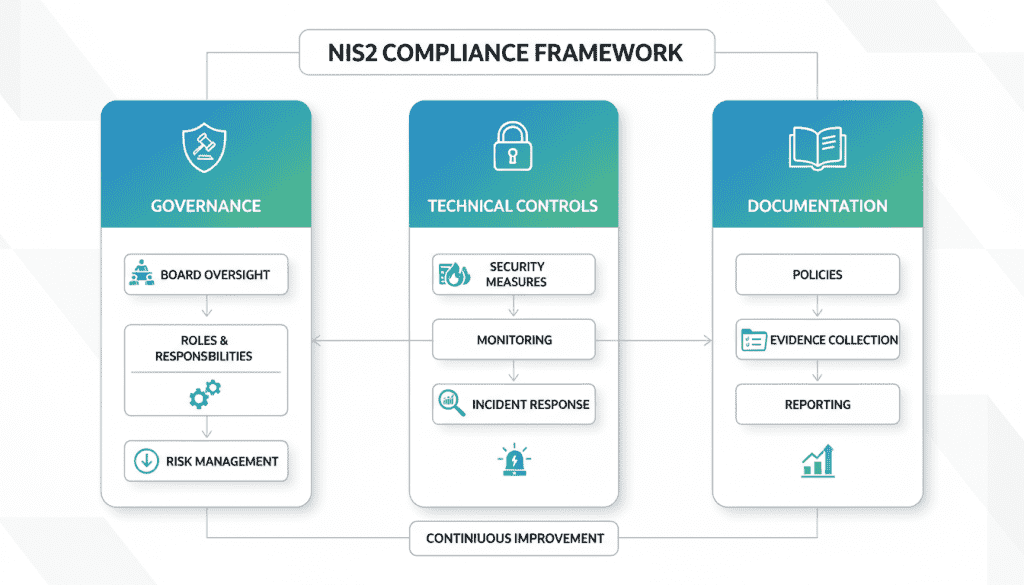 NIS2 compliance framework diagram showing governance, technical controls, and documentation components
