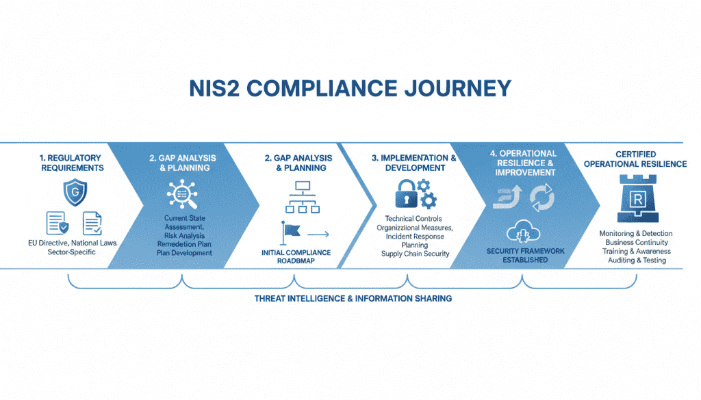 NIS2 compliance journey showing the path from requirements to operational resilience