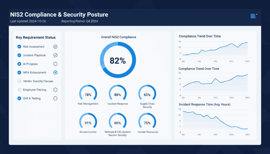 NIS2 compliance maturity dashboard with metrics and KPIs