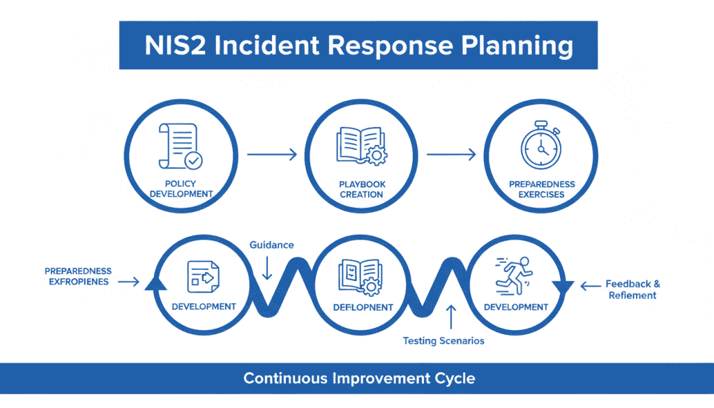 NIS2 incident response planning process showing policy, playbook, and exercise components