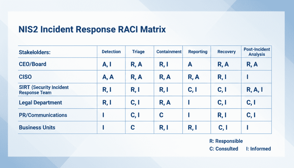RACI matrix for NIS2 incident response showing roles and responsibilities
