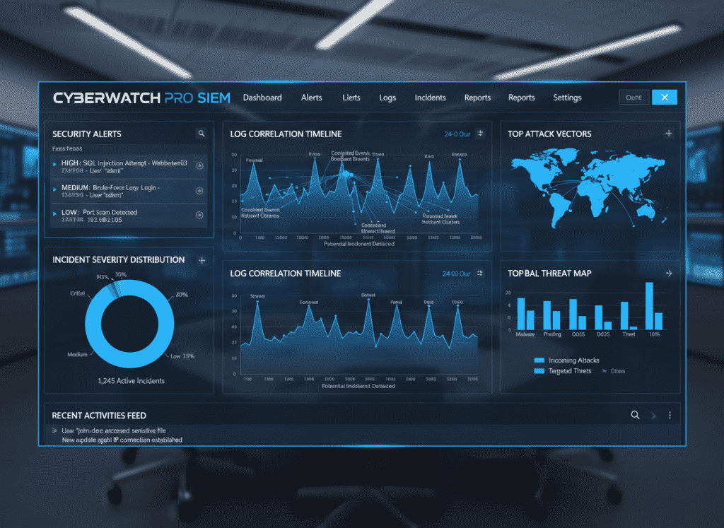 SIEM dashboard showing security alerts and incident detection
