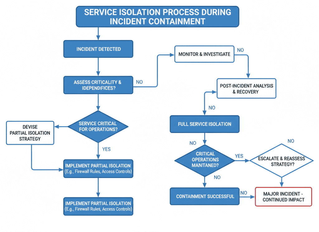 Service isolation workflow showing containment actions