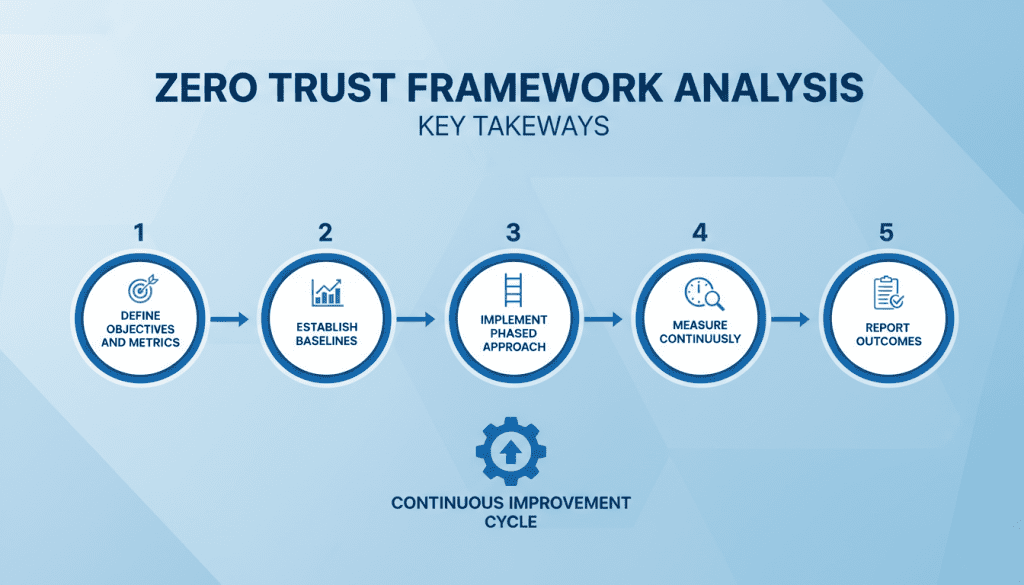 Summary infographic of zero trust framework analysis process and key metrics