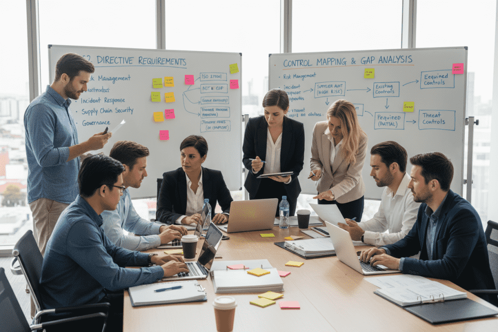 Team conducting NIS2 compliance gap analysis workshop