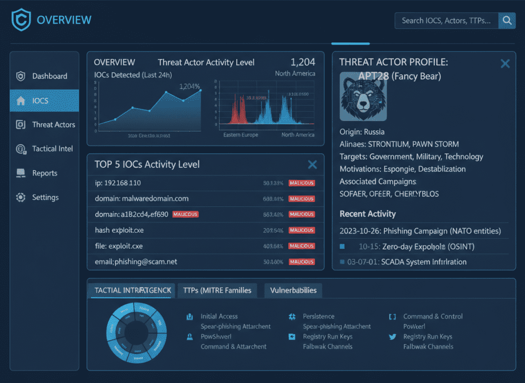 Threat intelligence platform showing IOCs and threat actor information