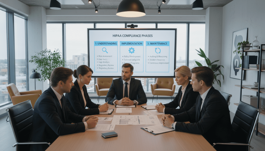 Vilka är de tre faserna i HIPAA-efterlevnad?