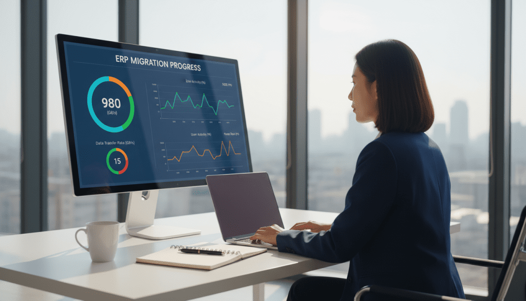 system performance monitoring dashboard showing ERP migration metrics system performance monitoring dashboard showing ERP migration metrics